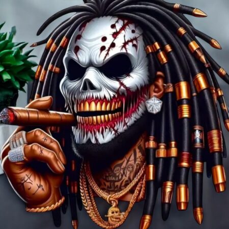 "Urban Trap Skull with Dreadlocks Smoking A Cigar" - Design Print